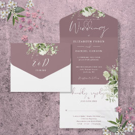 Mauve Greenery Floral Monogram Wedding All In One Einladung