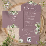 Mauve Greenery Floral QR Code Monogram Wedding All In One Einladung<br><div class="desc">Alles in einer Hochzeitseinladung mit botanischen grünen rustikalen Blätter und eleganter Typografie auf mauvem Hintergrund. Die Einladung enthält eine perforierte RSVP-Karte mit QR-Code. Entwickelt von Thisisnotme©</div>