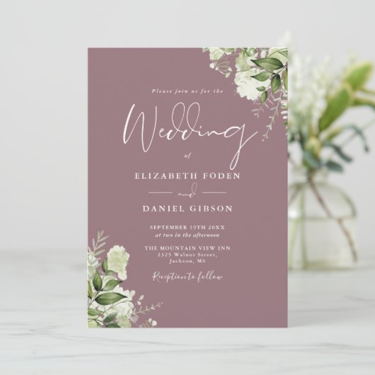 Mauve Greenery Floral QR Code Wedding Einladung (Stehend Vorderseite)