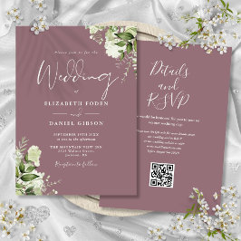 Mauve Greenery Floral QR Code Wedding Einladung