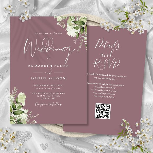 Mauve Greenery Floral QR Code Wedding Einladung
