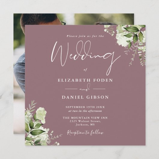 Mauve Greenery Foto Square Wedding Einladung (Vorne/Hinten)
