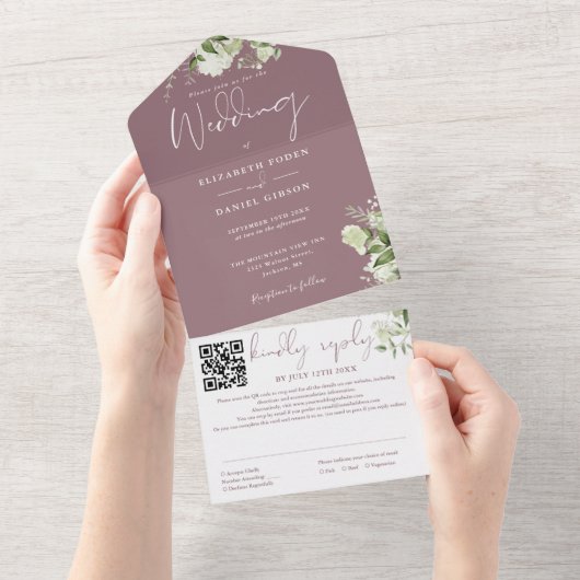 Mauve Greenery Monogram QR Code Wedding All In One Einladung (Abreißen)