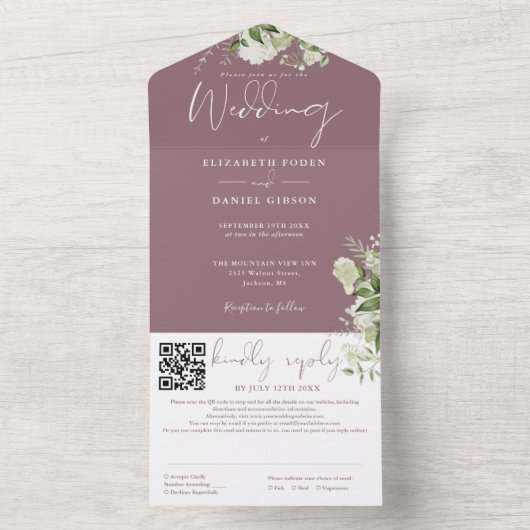 Mauve Greenery Monogram QR Code Wedding All In One Einladung (Innen Boden)