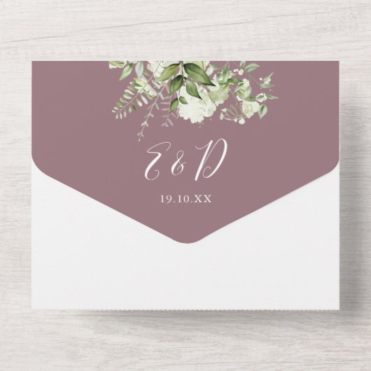 Mauve Greenery Monogram QR Code Wedding All In One Einladung (Rückseite)