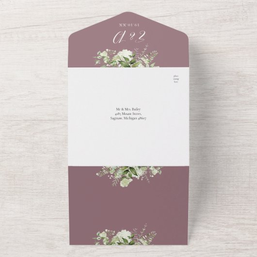Mauve Greenery QR Code Formal Wedding All In One Einladung (Außenbereich)