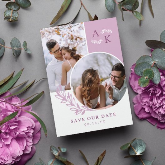 Mauve Greenery Überschneidende Fotos Save the Date