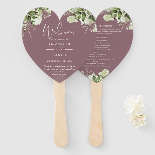 Mauve Greenery Wedding Program Heart Fächer (Vorne und Hinten)