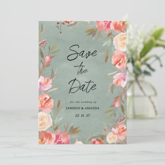 Mauve grün rosa Elfenbein Winterblüte Save the Dat Einladung (Stehend Vorderseite)