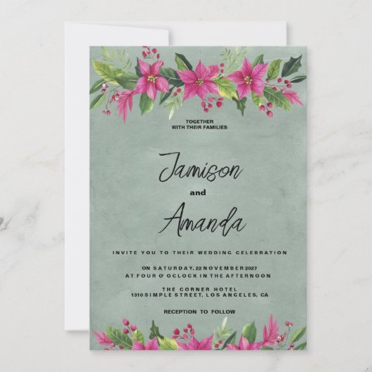 Mauve grün rosa Winter blumengeschmückte Weihnacht Einladung (Vorderseite)