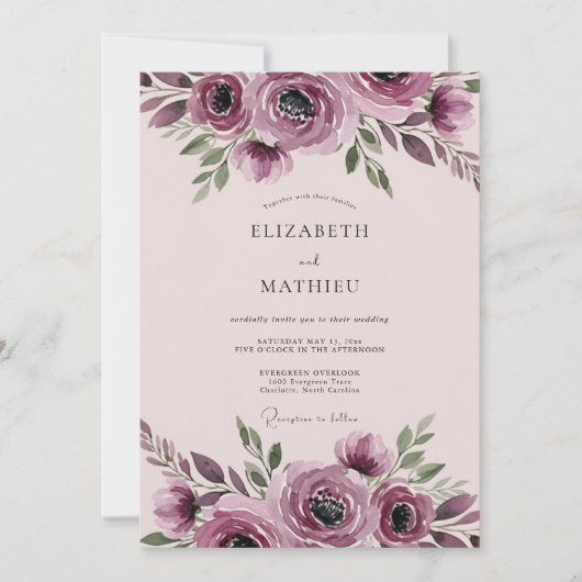 Mauve Harmonious Botanical Wedding Einladung (Vorderseite)