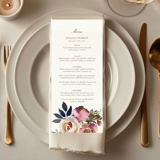 Mauve Indigo Watercolor Rose Wedding Menu Menükarte
