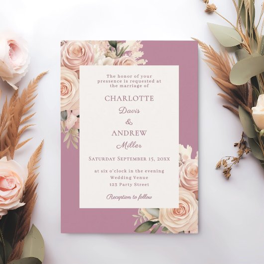 Mauve ivory dusty rose florals wedding einladung