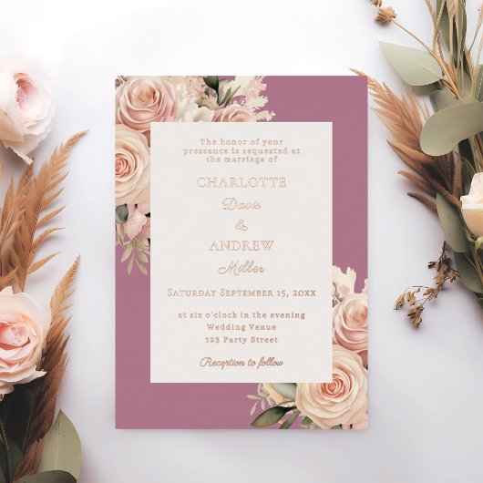 Mauve ivory dusty rose florals wedding rose gold folieneinladung
