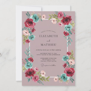 Mauve-Karmesin-Aqua-Pfingstrosen-Hochzeit Einladung