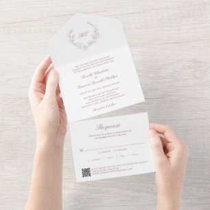 Mauve Kranz Monogramm QR Code Elegante Hochzeit All In One Einladung