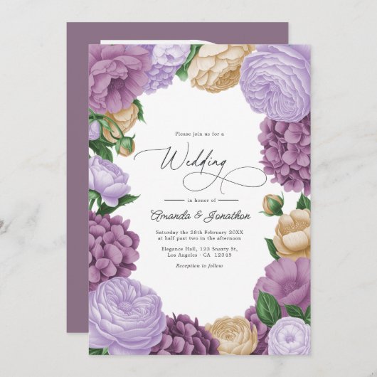Mauve, Lavender Smoke & Champagne Floral Wedding Einladung (Vorne/Hinten)
