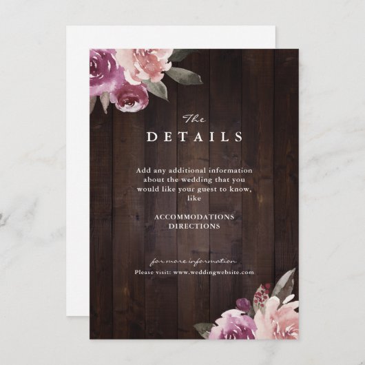 Mauve lila blumengeschmückte rustikale Holzverheir Begleitkarte (Vorne/Hinten)