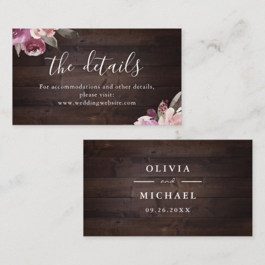 Mauve lila blumengeschmückte rustikale Holzverheir Platzkarte (Vorne/Hinten)