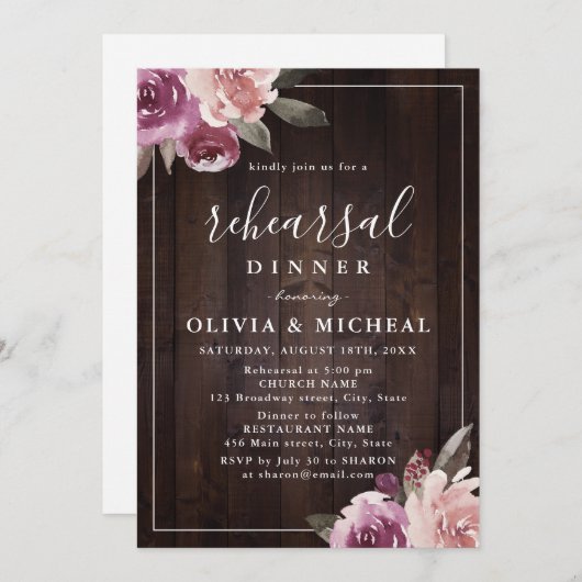 Mauve lila blumengeschmückte rustikale Probe Abend Einladung (Vorne/Hinten)