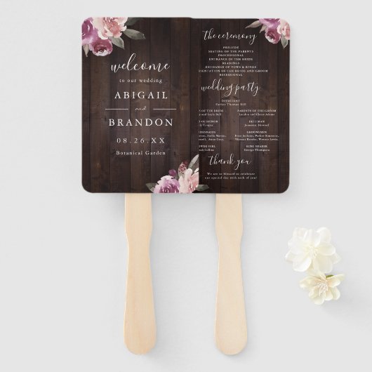 Mauve lila, blumengeschmücktes Hochzeitsprogramm Fächer (Vorne und Hinten)