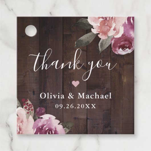 Mauve lila blumengeschmücktes Holz Danke für Ihre Geschenkanhänger (Vorderseite)