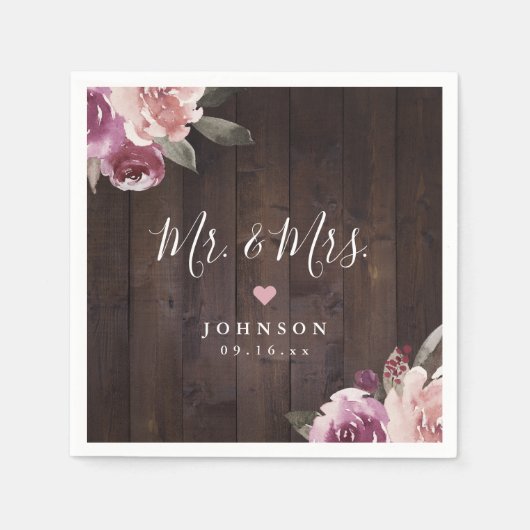 Mauve lila, blumengeschmücktes Holz Mr. & Mrs. Serviette (Vorderseite)