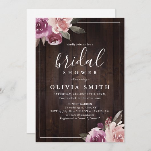 Mauve lila, blumengeschmücktes rustikales Brautpar Einladung (Vorne/Hinten)
