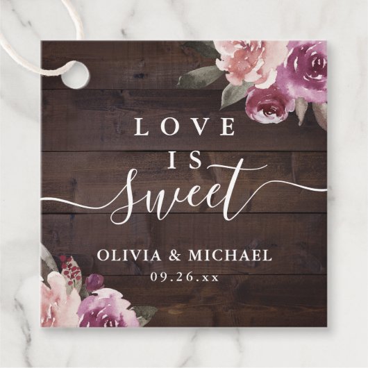 Mauve lila blumenreiche rustikale Liebe ist süß Geschenkanhänger (Vorderseite)