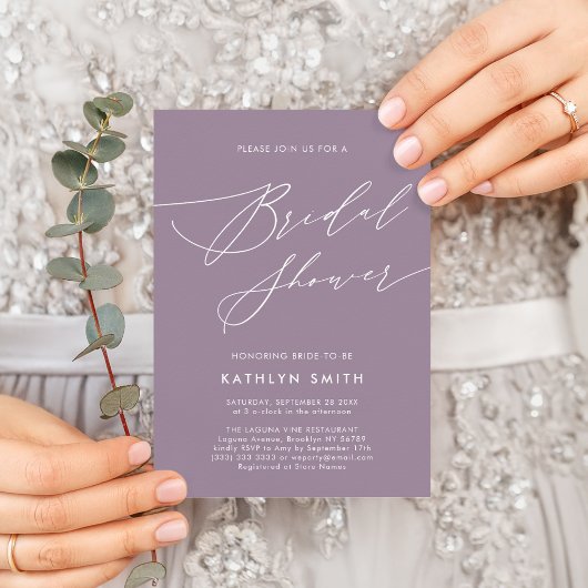 Mauve Lila Elegante Script Modernes Brautparty Einladungspostkarte