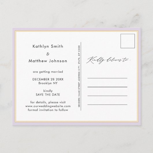 Mauve Lila, elegante SkriptWedding Save the Date Ankündigungspostkarte (Rückseite)