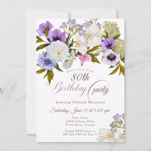 Mauve Lila Grandma's Garden 80. Einladung (Vorderseite)