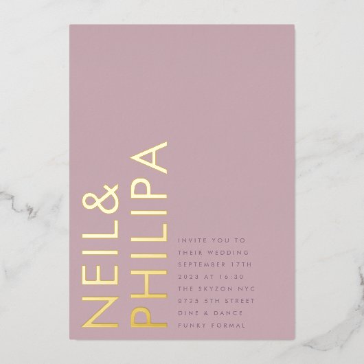 Mauve Lila Lilac Moderne NAMES Einfache Hochzeit Folieneinladung (Vorderseite)
