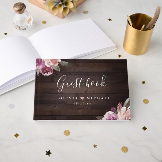 Mauve lila & maulbeerblumengeschmückte Hochzeit au Gästebuch (Vorderseite Offen)