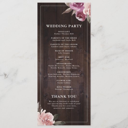 Mauve lila & maulbeerblumengeschmückte Hochzeit au Menükarte (Rückseite)