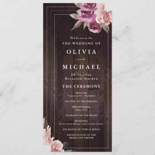 Mauve lila & maulbeerblumengeschmückte Hochzeit au Menükarte (Vorne/Hinten)