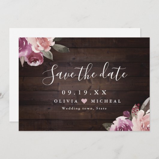 Mauve lila & maulbeerblumengeschmückte Hochzeit au Save The Date (Vorne/Hinten)