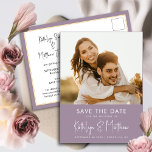 Mauve Lila modernes Foto Hochzeit retten das Datum Ankündigungspostkarte<br><div class="desc">Mauve Lila Fun Script Modernes Foto Minimalistisch Wedding Save the Date Announcement Postcard. Lass Familie, Freunde und Kollegen wissen, dass Sie Set ein Datum für Ihre Hochzeitsfeier mit dieser eleganten, stilvollen und modernen Hochzeit speichern Sie das Datum Einladungskarte. Alle Texte sind so vorbereitet, dass Sie sie einfach und schnell mit...</div>