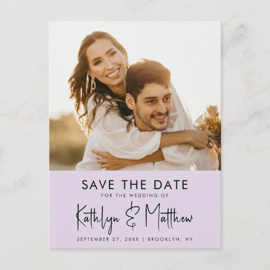Mauve Lila modernes Foto Hochzeit retten das Datum Ankündigungspostkarte (Vorderseite)