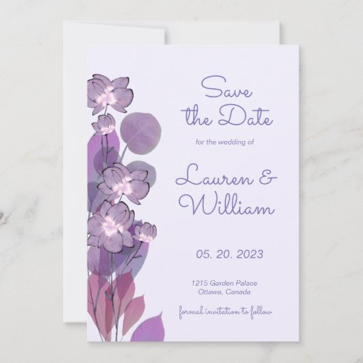 Mauve lila periwinkle floral save the date (Vorderseite)