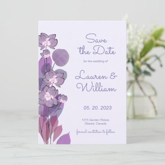 Mauve lila periwinkle floral save the date (Stehend Vorderseite)