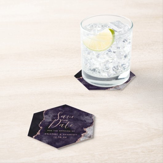 Mauve Lila Rose Gold Agate Marble Save the Date Untersetzer (Vor Ort)