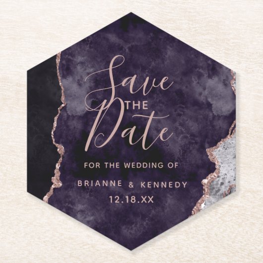 Mauve Lila Rose Gold Agate Marble Save the Date Untersetzer (Vorderseite)