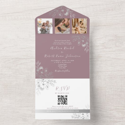 Mauve Lila Wedding QR Code All In One Einladung (Innen Boden)