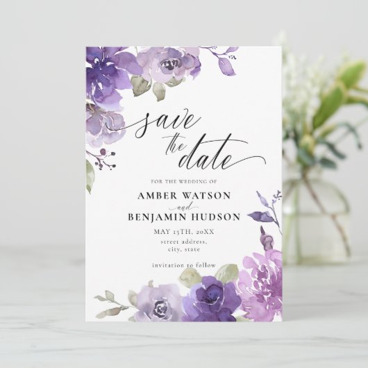Mauve Lilac Dusty Lila Floral Save the Date Einladung (Stehend Vorderseite)