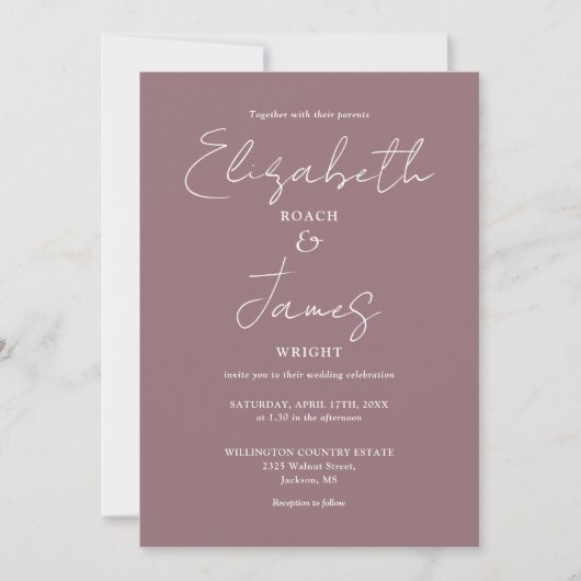 Mauve Minimalistisch Elegante Script Wedding Einladung (Vorderseite)