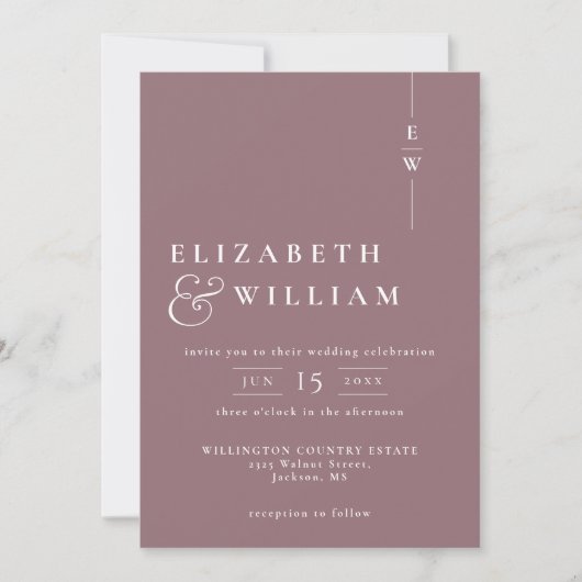 Mauve Minimalistisch Modern Monogram Elegant Weddi Einladung (Vorderseite)