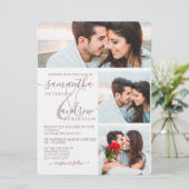 Mauve minimalistisches Drehbuch 3 Fotos Hochzeit Einladung (Stehend Vorderseite)