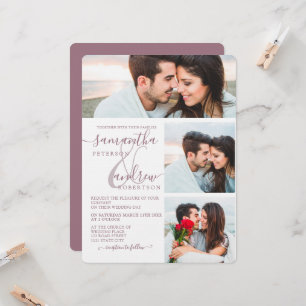 Mauve minimalistisches Drehbuch 3 Fotos Hochzeit Einladung
