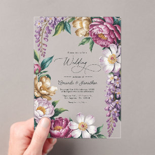 Mauve Mist, Champagne Gold und Weiße Blumen Hochze Acryleinladungen